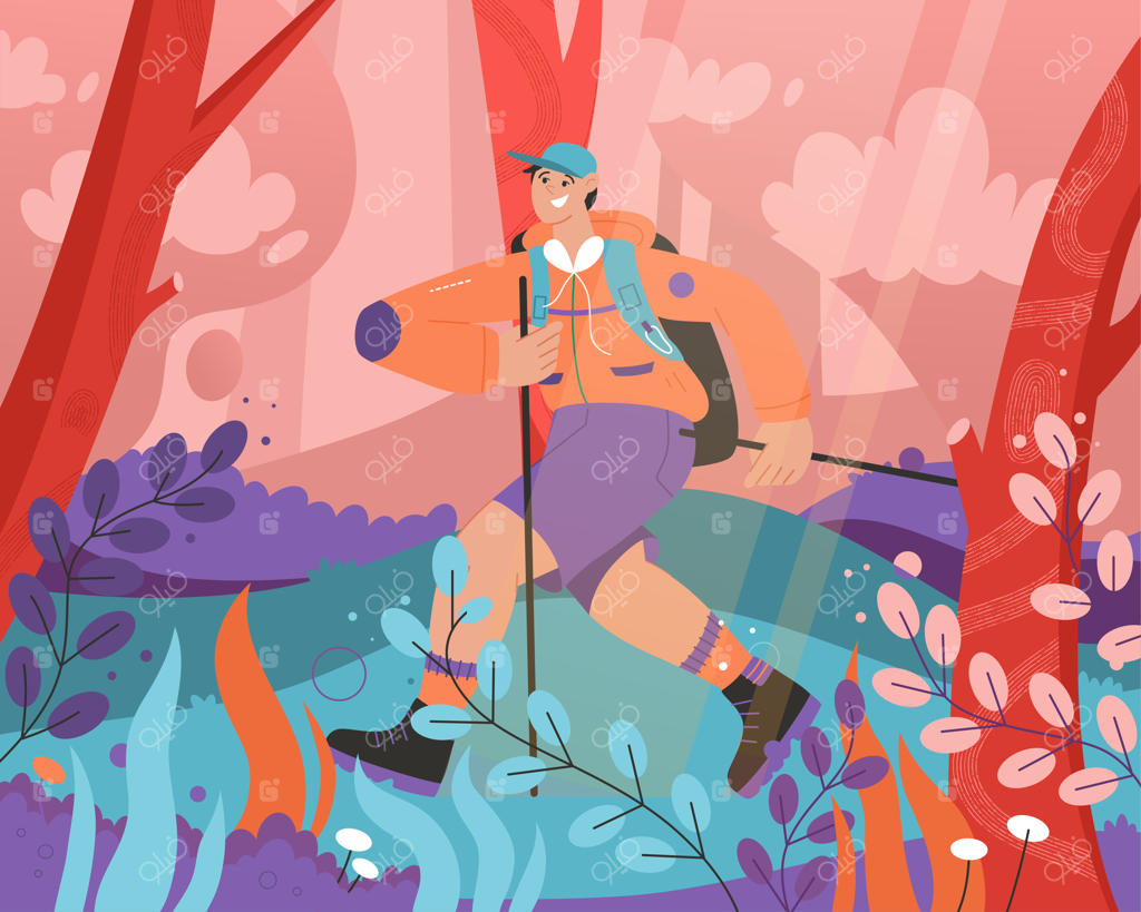 مردی خندان در جنگل جادویی و رویایی در حال کوه‌پیمایی