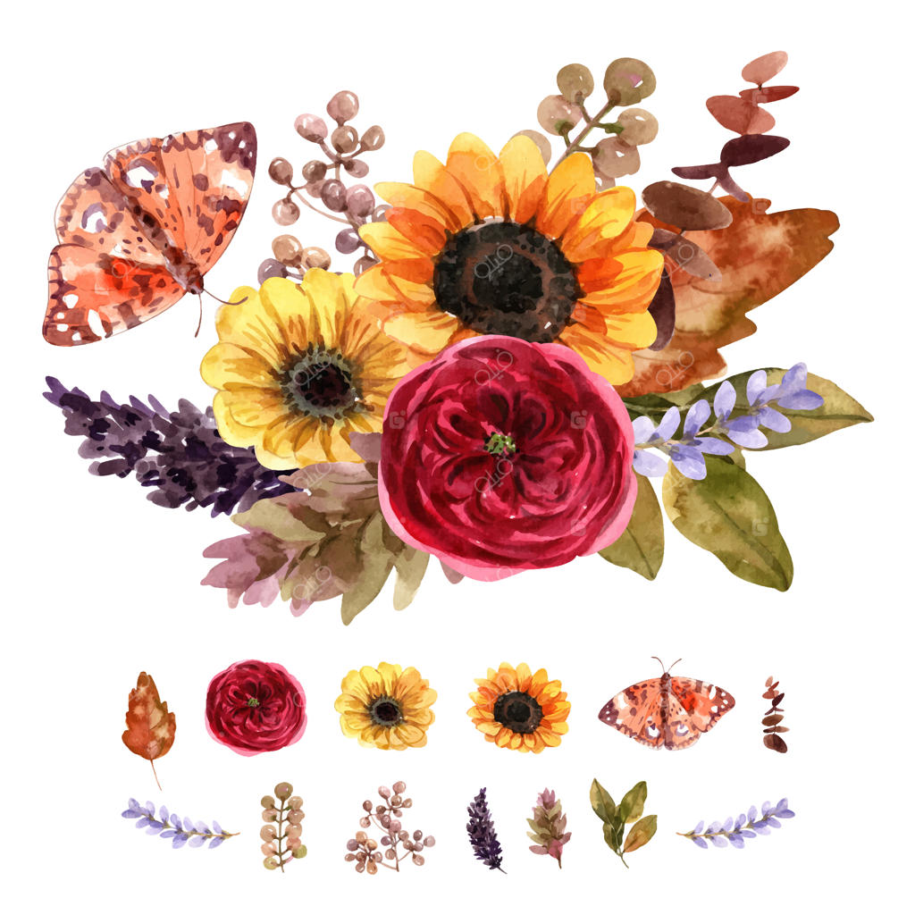 مجموعه دسته گل های گلدار با آبرنگ