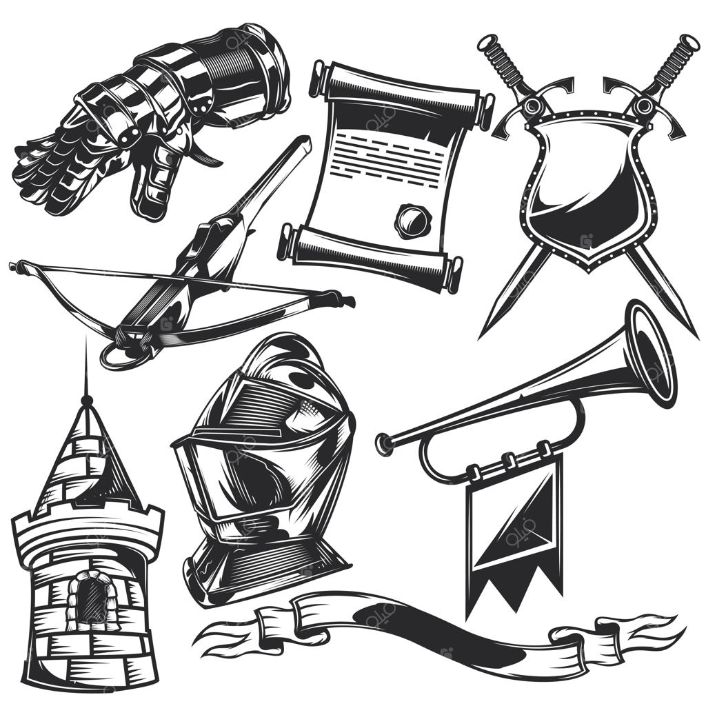 مجموعه‌ای از عناصر شوالیه برای طراحی نشان‌ها، لوگوها، برچسب‌ها، پوسترها و غیره.