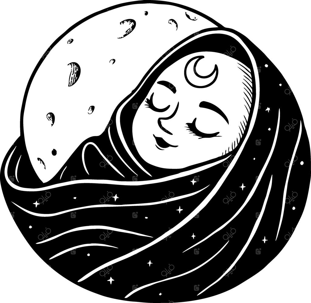 تصویرسازی پرجزئیات و رویایی نوزاد در میان ستارگان و مهتاب، مناسب برای تاتو و رنگ‌آمیزی