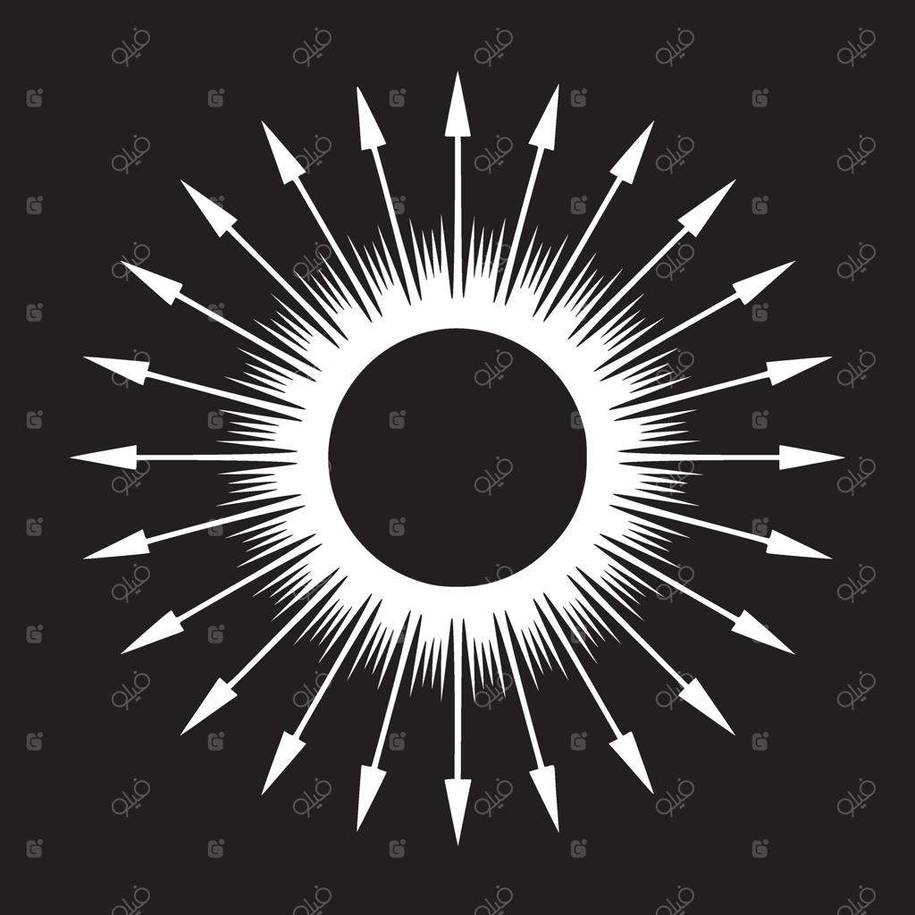 دایره سفید با پیکان‌های تابشی روی زمینه سیاه، جلوه‌ای شبیه به خورشید یا انفجار ستاره‌ای ایجاد می‌کند.
