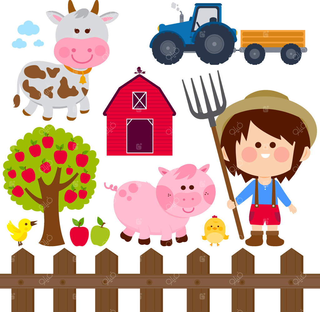 کشاورزی در روستا با حیوانات اهلی و پسر بچه کشاورز: کودکی شاد در مزرعه، در حال کار در باغچه با تراکتور، انبار، حیوانات اهلی، نرده و درخت سیب. مجموعه‌ای از تصاویر