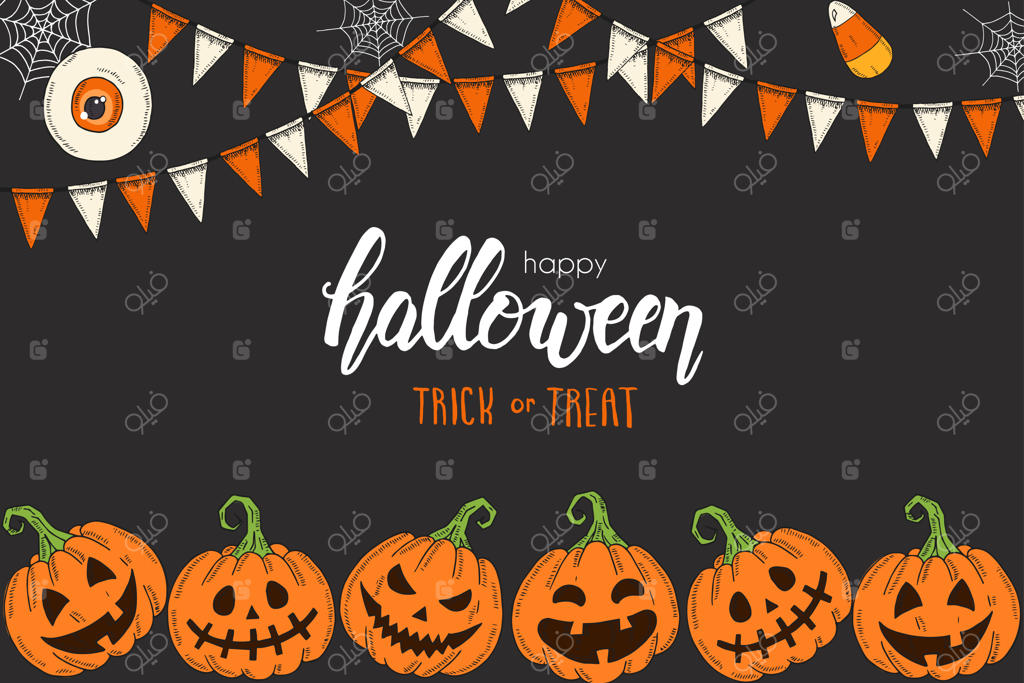 کارت هالووین با طراحی دستی کدو تنبل‌های رنگی، شیرینی‌ها و گل‌های جشن. طراحی و نوشته: "قاشق زنی". بنر، بروشور و آگهی برای هالووین.