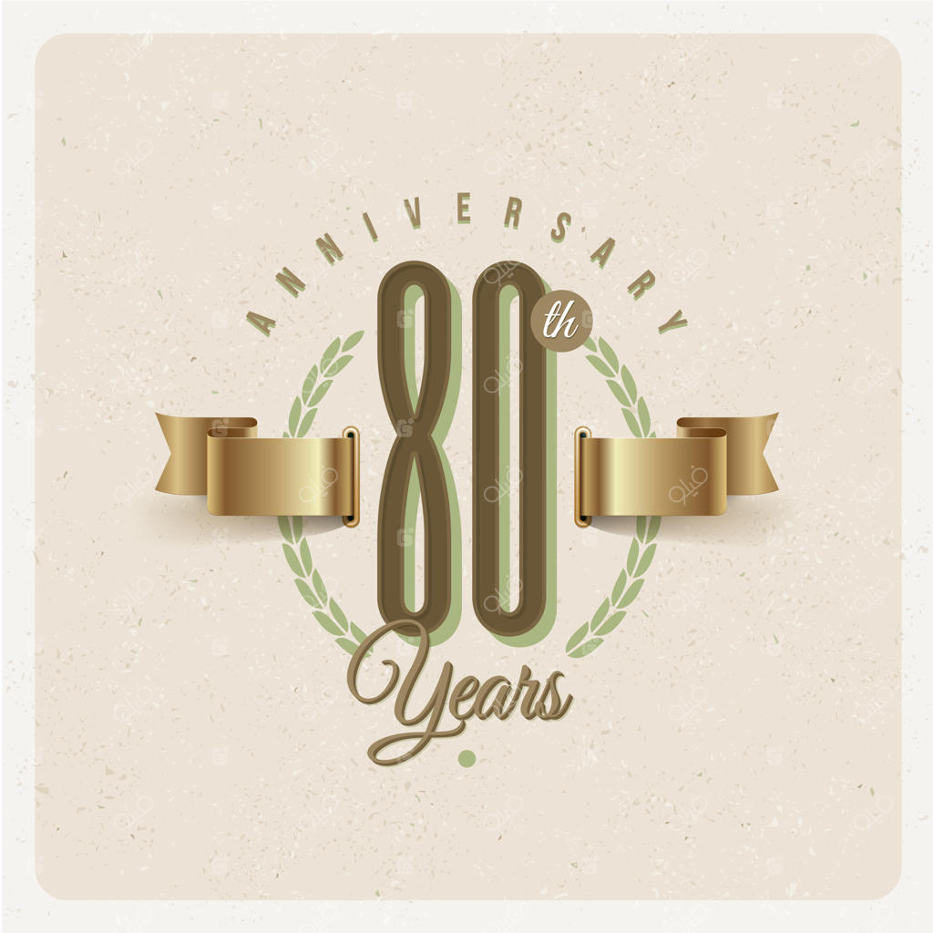 نشان سالگرد ۸۰ سالگی وینتیج با روبان طلایی و تاج گل - تصویرگری