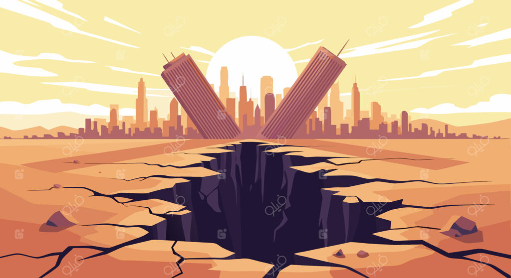 تصویرسازی فاجعه شهری؛ آسمان‌خراش‌های آسیب‌دیده بر لبه شکافی عمیق در زمینی ترک‌خورده، نماد فروپاشی زیست‌محیطی و بحران عمیق جهانی