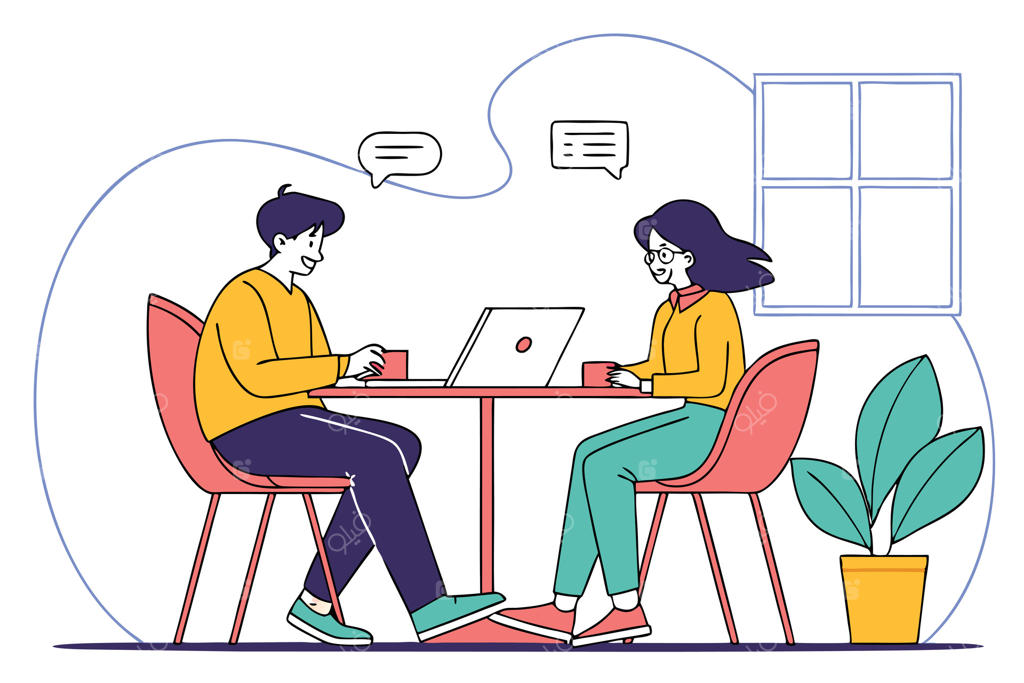 طراحی خطی دو نفر پشت میز با لپ‌تاپ و حباب‌های گفتگو، پس‌زمینه شفاف