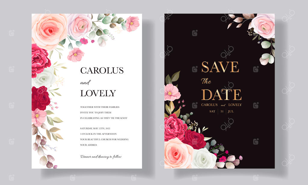 کارت دعوت عروسی با طرح گل‌ها و برگ‌های زیبا