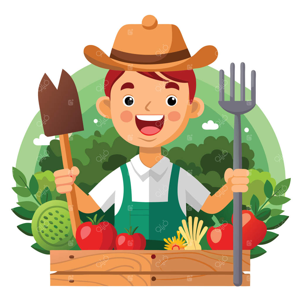 باغبان خوشحال با کلاه، در میان محصولات ارگانیک تازه و سبزه‌ها