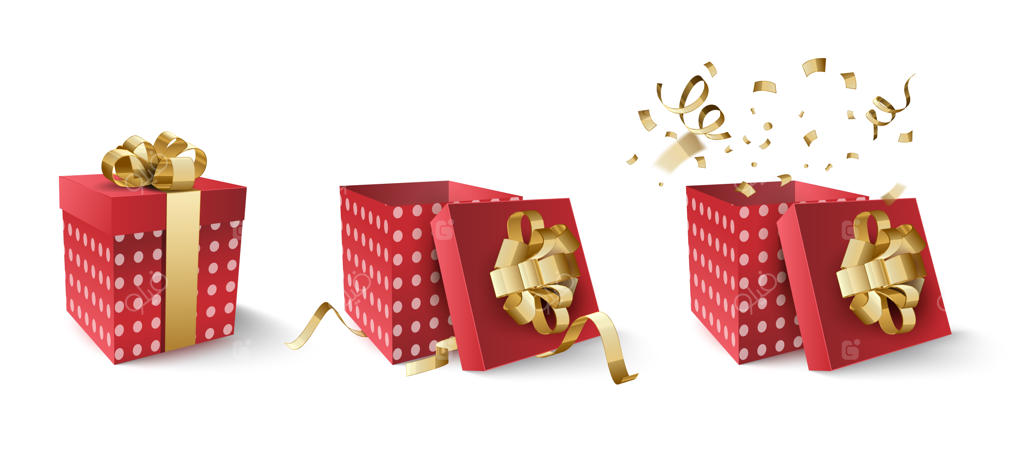 جعبه قرمز با روبان طلایی و کاغذهای رنگی در پس‌زمینه سفید.