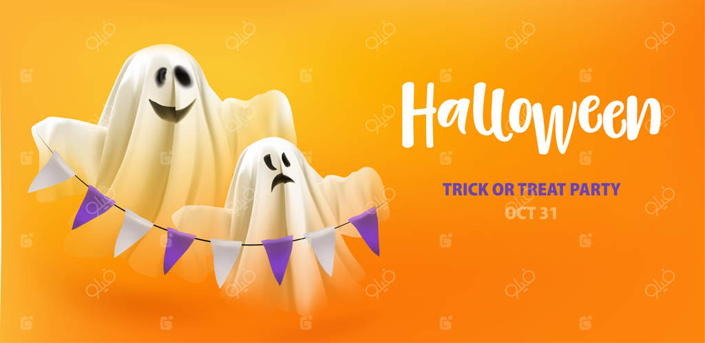 جشن هالووینی با ارواح و تزئینات بر روی زمینه نارنجی