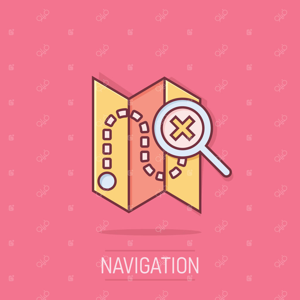 آیکون نشانگر نقشه به سبک کمیک. طرح کارتونی ناوبری GPS برای بررسی موقعیت. مفهوم کسب‌وکار با افکت اسپلاش.