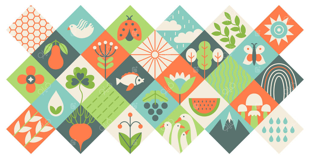 پس‌زمینه هندسی اکولوژی: پترن انتزاعی عناصر طبیعی شامل برگ‌های سبز، شاخه‌های درخت و اشکال ساده هندسی. مفهوم کشاورزی اکولوژیک. بنر باغبانی.