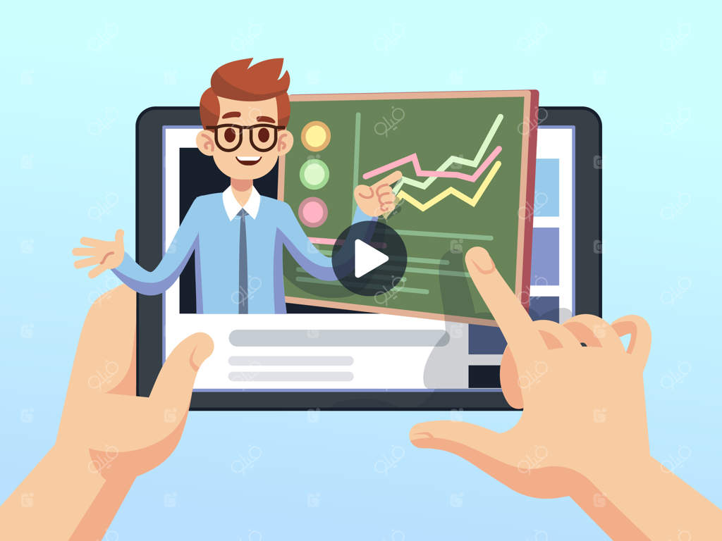 دست‌های دانشجویان با تبلتی که سمینار مالی آنلاین بر روی آن در حال نمایش است.