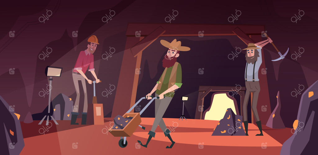 حفاران در تونل: کارگران طلا، مواد معدنی کشف می‌کنند و تونل عمیق می‌سازند - تصاویر پویا از کارگران در حال کار - پس‌زمینه کارتونی دقیق وکتور