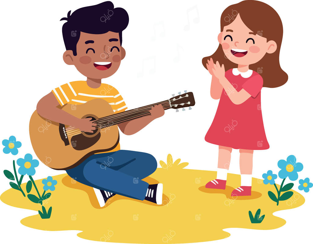 بچه‌ها در باغ با نواختن گیتار و دست زدن از موسیقی فضای باز لذت می‌برند