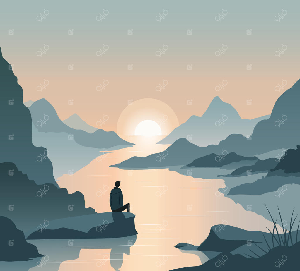 مرد جوان برای استراحت به کنار دریاچه آمد. غروب زیبای آفتاب در کوهستان. تصویر در رنگ‌های ملایم پاستلی