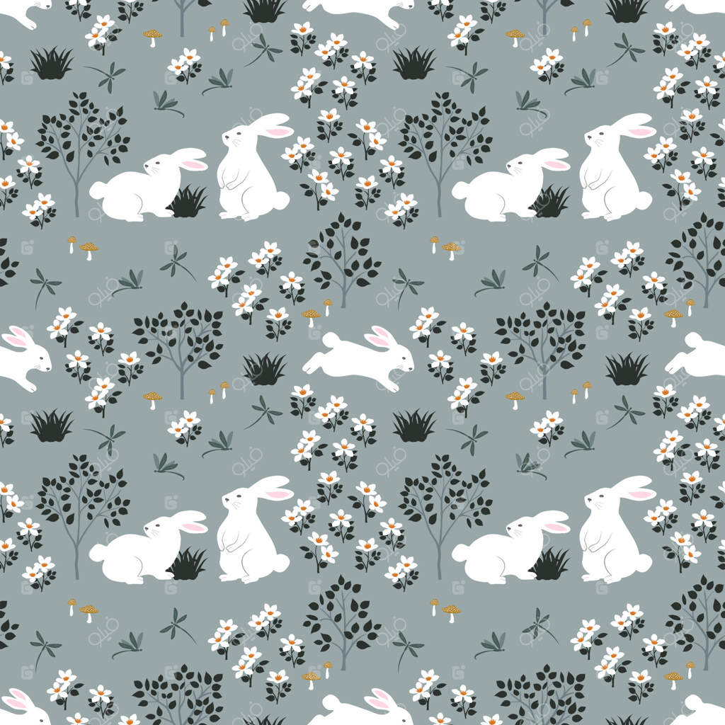 پترن گلدار یکپارچه با خرگوش‌های بامزه در باغ بهاری