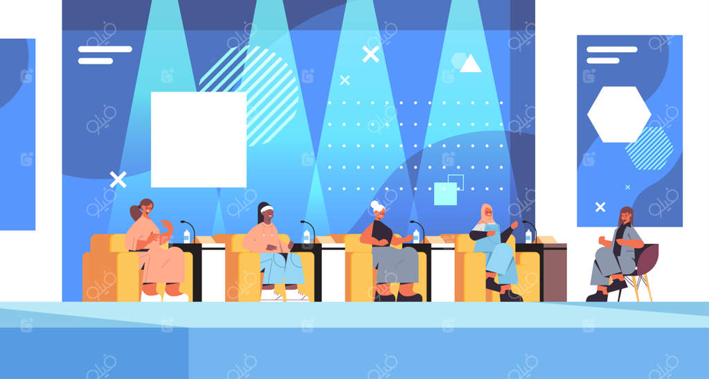 دوستان خانم با نژادهای متفاوت در حال بحث در باشگاه زنان، حمایت دختران از یکدیگر، اتحاد فمنیست‌ها، کانسپت سریال تلویزیونی، افقی، تصویرسازی وکتور، تمام‌قد