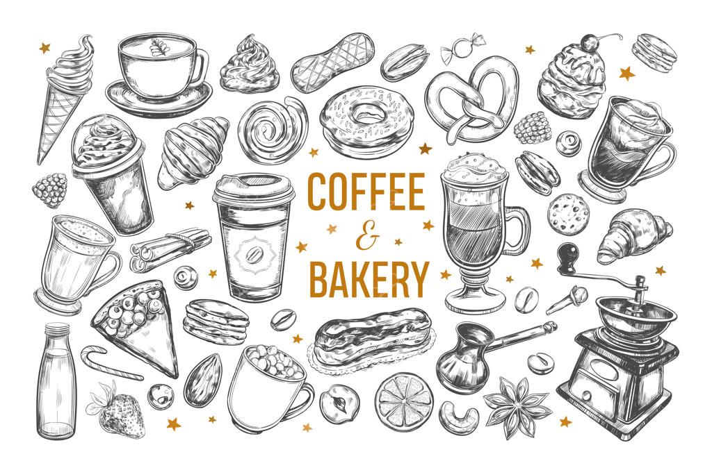 مجموعه‌ای از غذا و نوشیدنی بر روی پس‌زمینه سفید