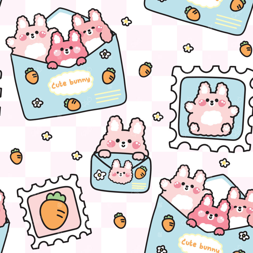 پترن بی‌درز خرگوش بامزه در پاکت نامه با پس‌زمینه هویج و گل. تمبر. پیام. کارت. شخصیت جوندگان. کاوایی. تصویرسازی.