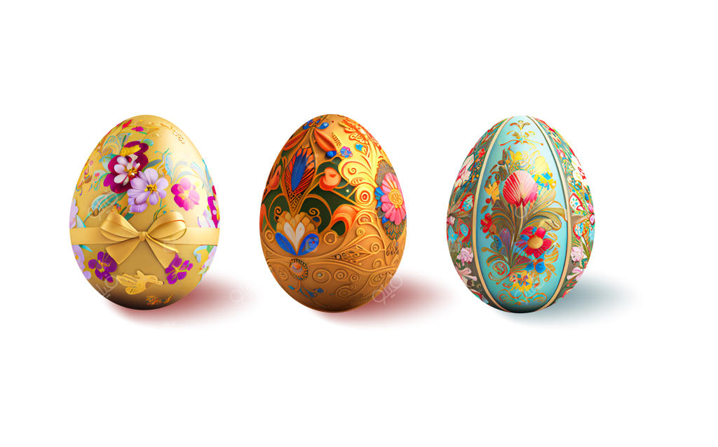 مجموعه‌ای از تخم‌مرغ‌های عید پاک واقعی با طرح‌های گل‌دار بر روی زمینه سفید، نمادهای اصلی بهار