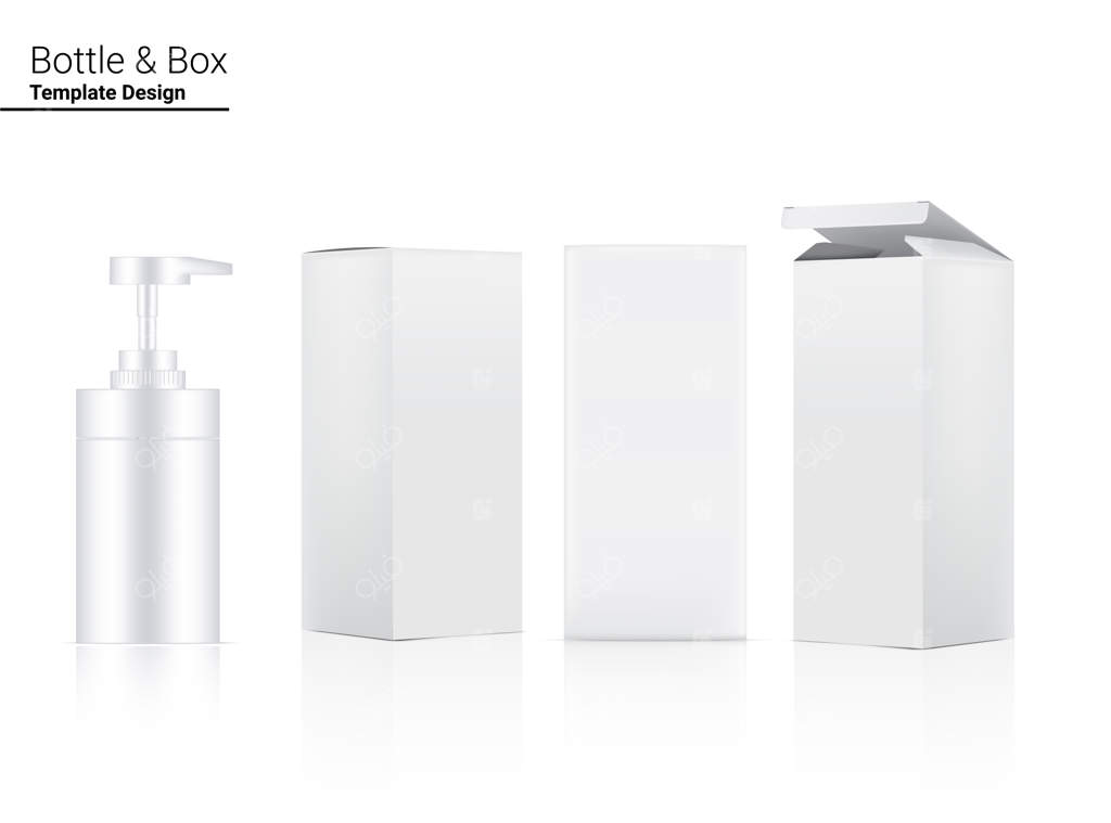بطری پمپ براق و جعبه سه‌بعدی واقع‌گرایانه برای محصولات مراقبت پوستی سفیدکننده و ضد چروک در تصویر زمینه سفید. بهداشت و سلامت.