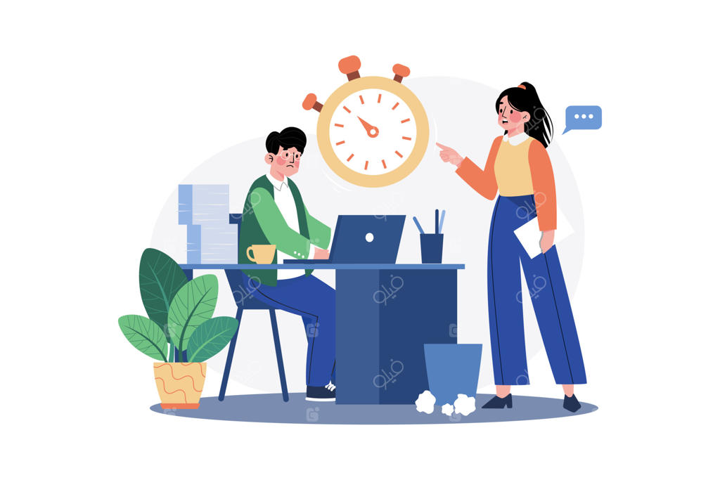 تصویرسازی مفهومی از کارمندان در حال کار برای رسیدن به ددلاین؛ طرح فلت با پس‌زمینه سفید.