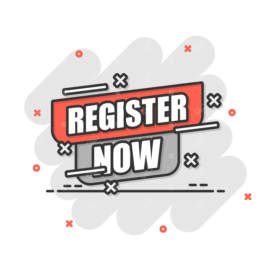 تصویرسازی وکتور آیکون «همین حالا ثبت‌نام کنید» به سبک کمیک و کارتونی، نشان اعلان عضویت با افکت اسپلش در پس‌زمینه ایزوله
