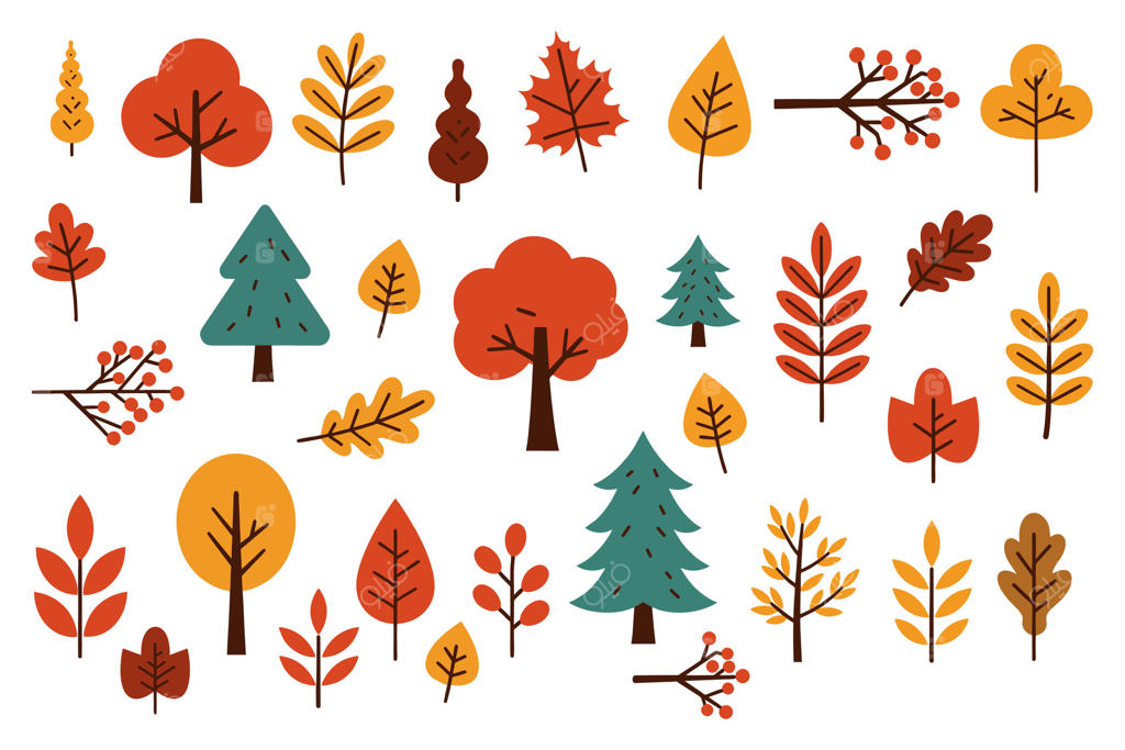 مجموعه‌ای از درختان و برگ‌های پاییزی در رنگ‌های گرم پاییز