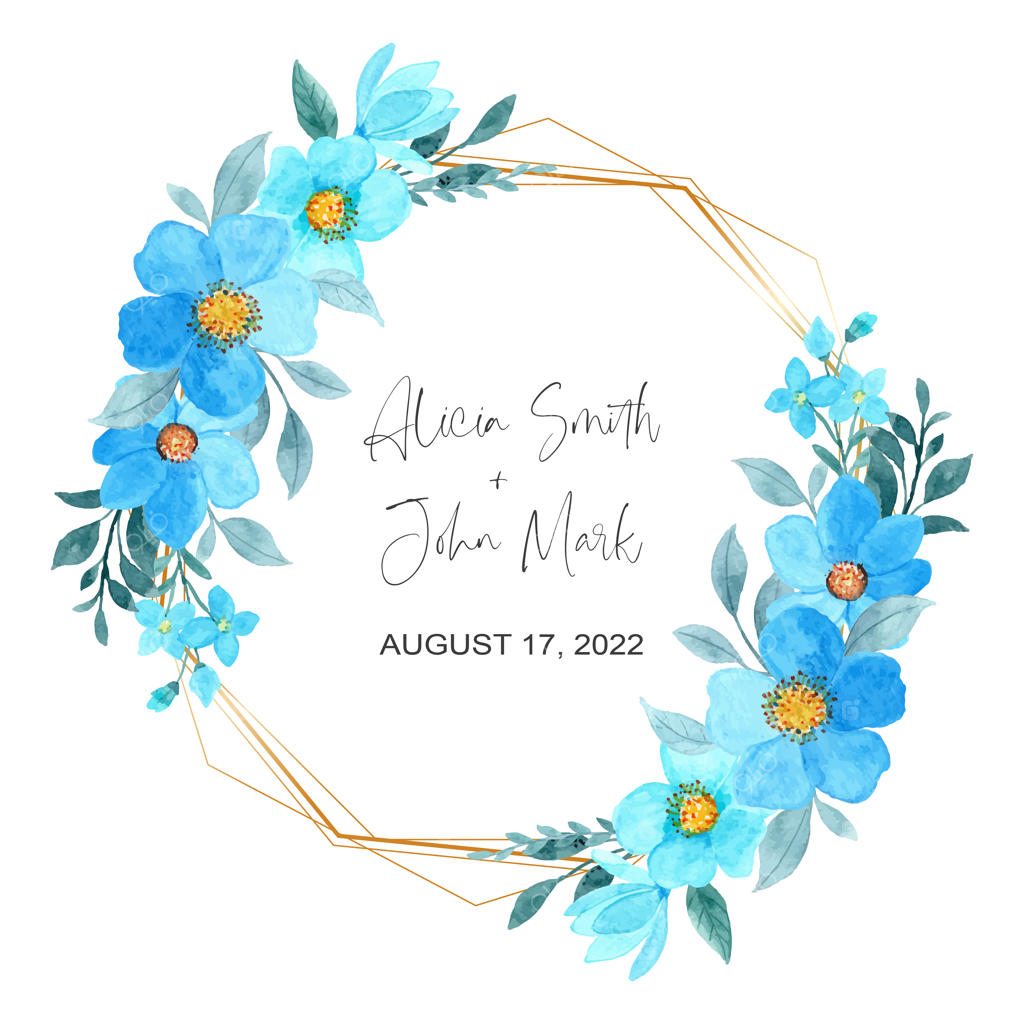 آبرنگ گلدار آبی زیبا با قاب طلایی