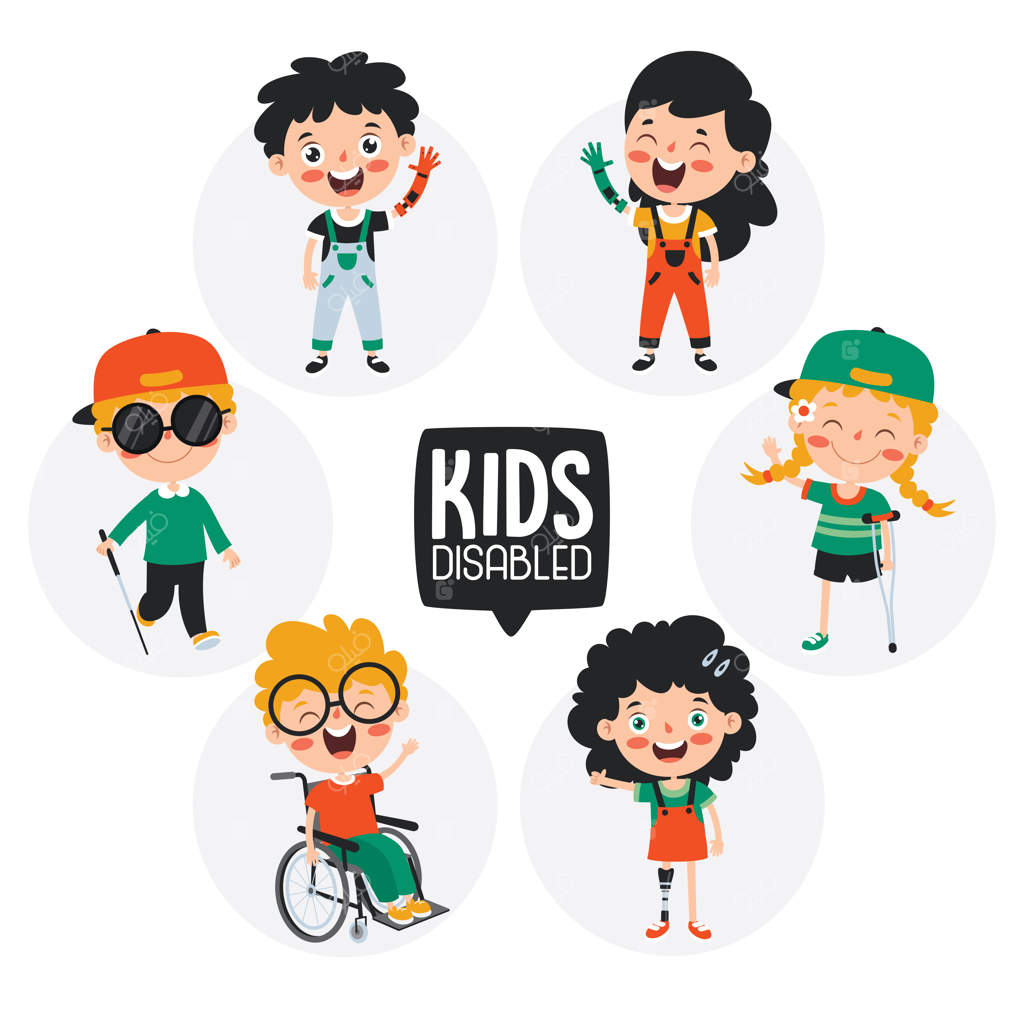 کارتون بامزه از بچه با نیازهای ویژه در حال ژست گرفتن