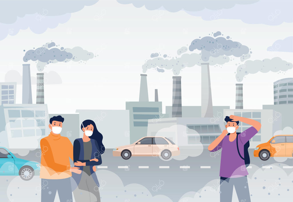 مردم با ماسک‌ آلودگی هوا، در مه و دود