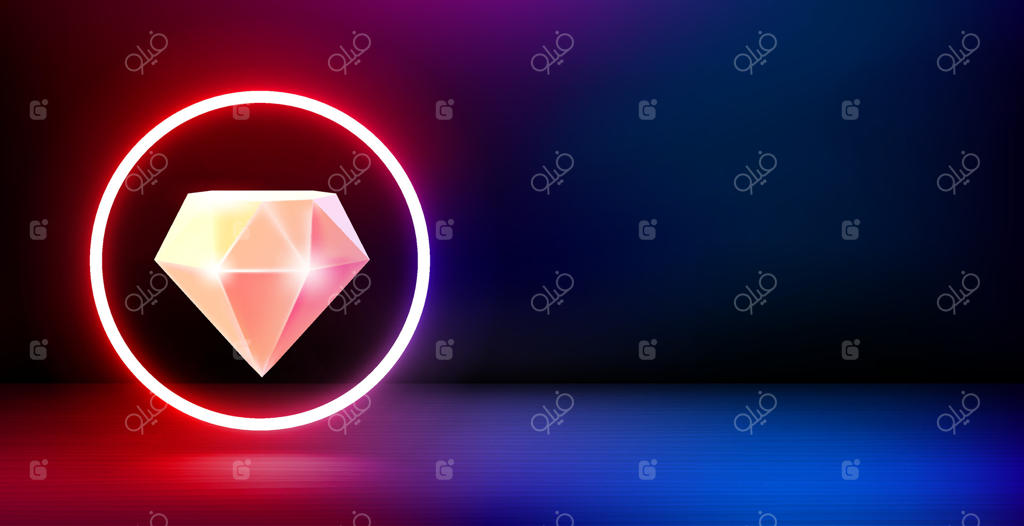 جایگاه نمایش محصول و قاب نئونی درخشان با الماس؛ بنر وکتور سه‌بعدی با فضای خالی برای متن