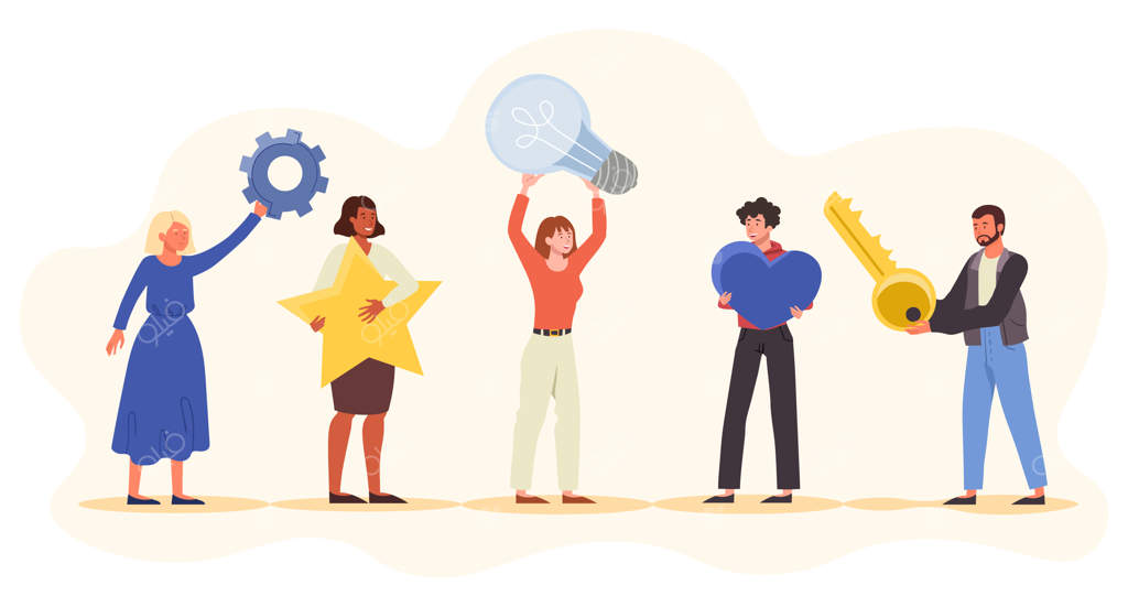 گروهی از افراد که اشیای مختلفی نگه داشته‌اند: قلب بزرگ، لامپ، ستاره، چرخ‌دنده و کلید.