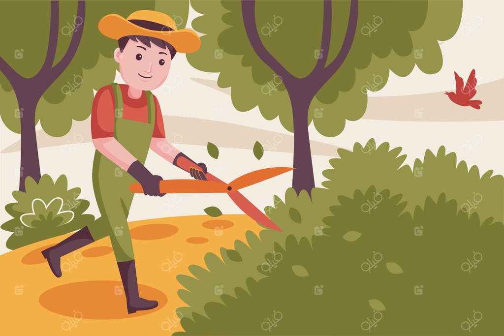 کشاورز خوشحال در حال هرس گیاهان در باغ - حرفه‌ای وکتور