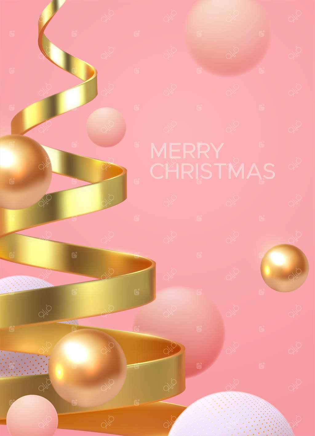 پوستر مینیمالیستی کریسمس با طرح درخت طلایی مارپیچ و کره‌های شناور