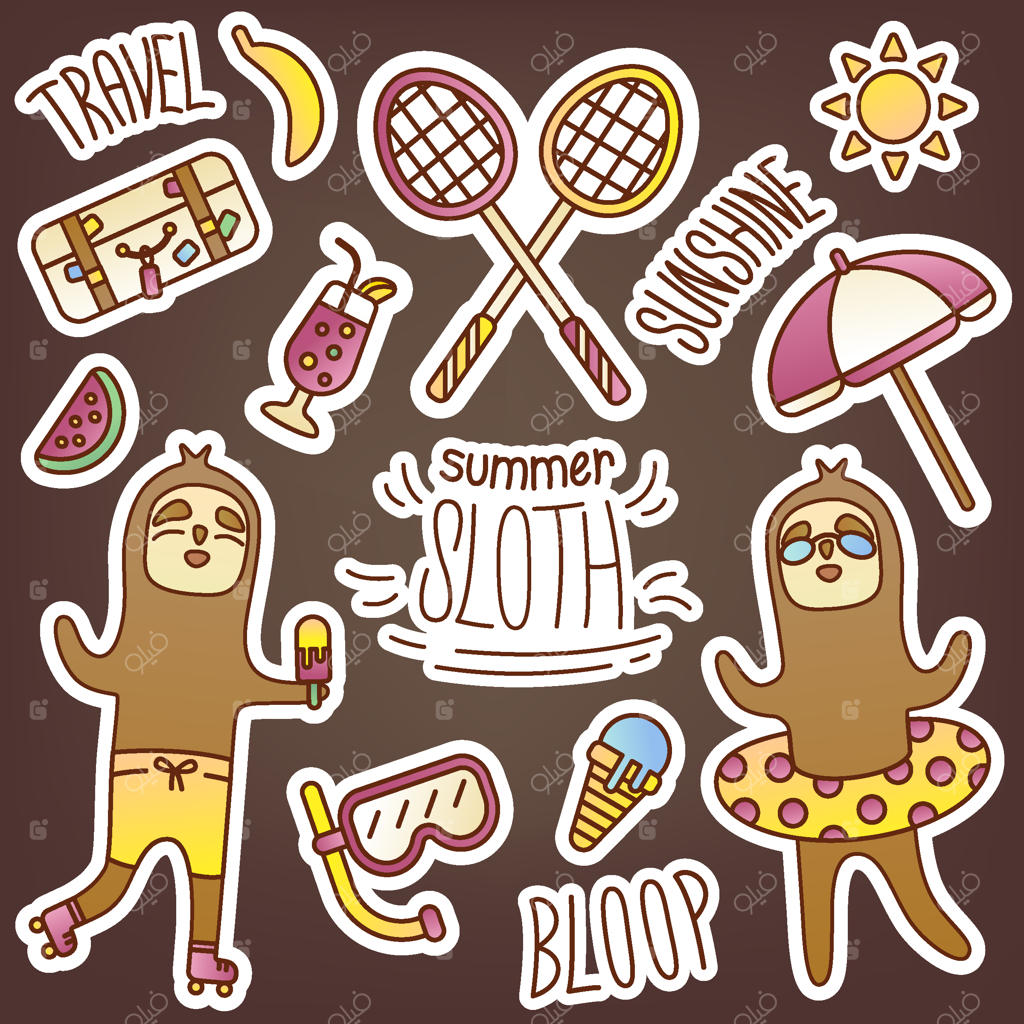 بسته برچسب بامزه با تم تابستانی تنبل‌ها: تصاویر فصلی جذاب برای تزئین دفتر خاطرات شما. سفر، تفریح، سرگرمی، ورزش، غذا، شیرینی، شنا، آفتاب گرفتن. طراحی فروشگاه آنلاین.