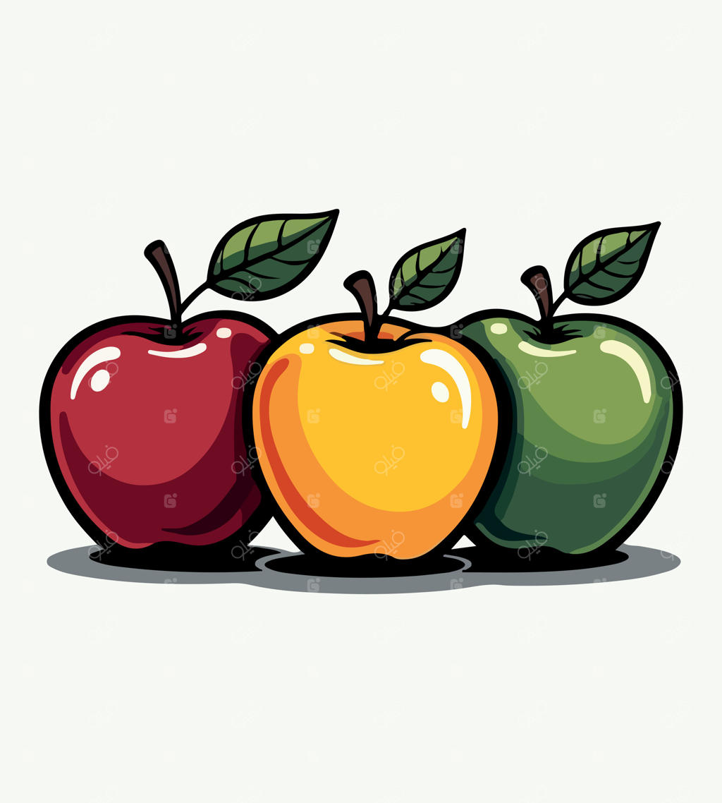 سه سیب و یک سیب که یکی از آن‌ها برگ دارد