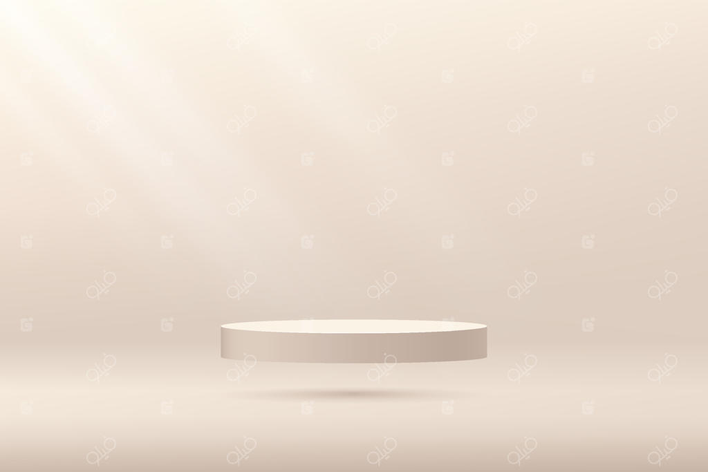 سکوی سه بعدی و انتزاعی به رنگ بژ، معلق در هوا با پس‌زمینه دیوار مینیمال بژ