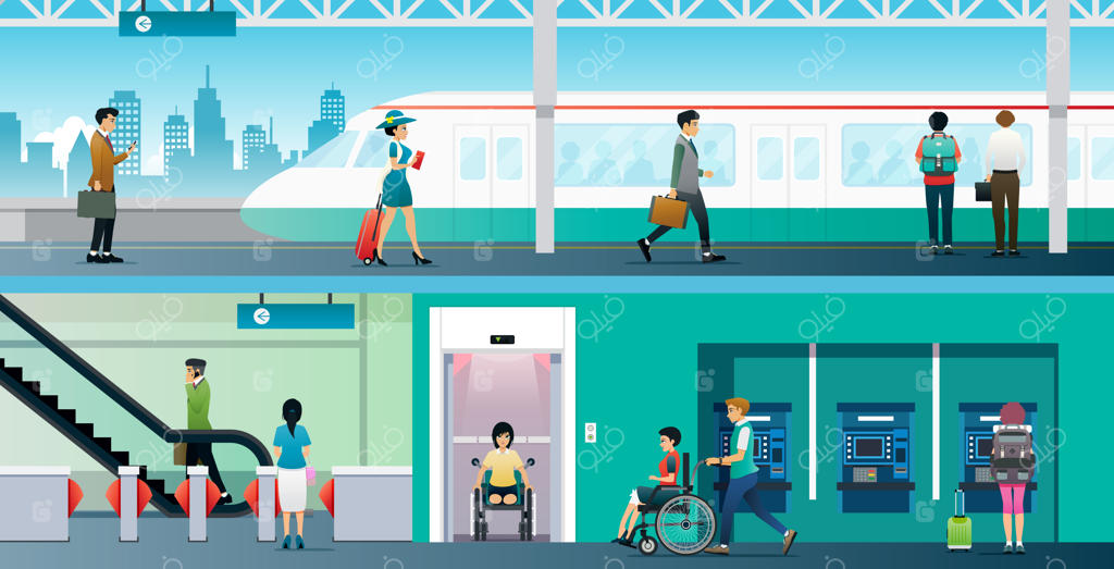 کارگران از ایستگاه قطار برقی مجهز به آسانسور برای معلولان استفاده می‌کنند