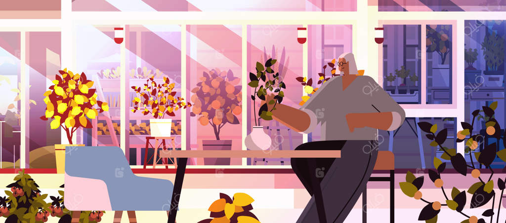 باغبان زن سالمند در حال مراقبت از گیاهان گلدانی در گلخانه یا باغ خانه