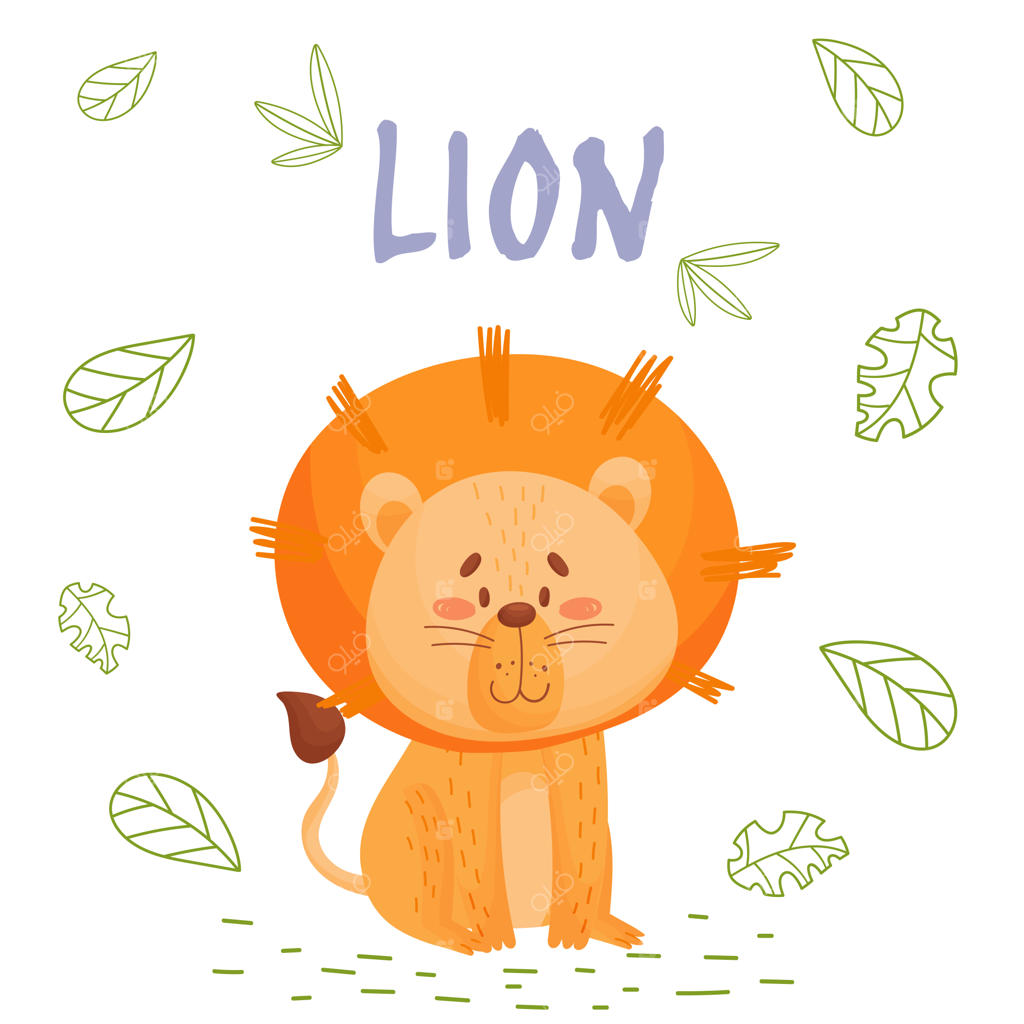 پوستر با شیر کارتونی بامزه در فضای جنگلی برای کارت‌پستال و تی‌شرت، روی زمینه سفید