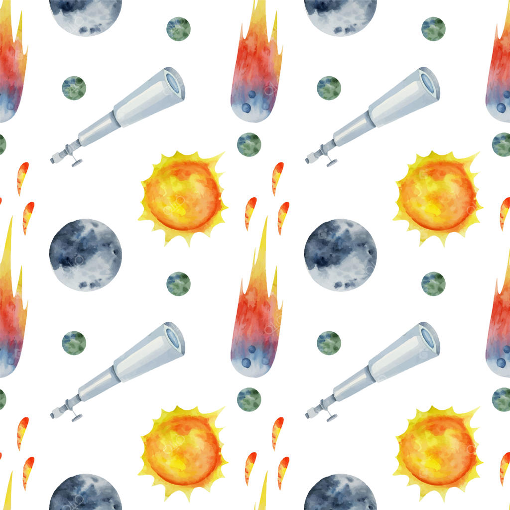 پترن یکپارچه عناصر فضایی با آبرنگ (سیارات، دنباله‌دارها، تلسکوپ)