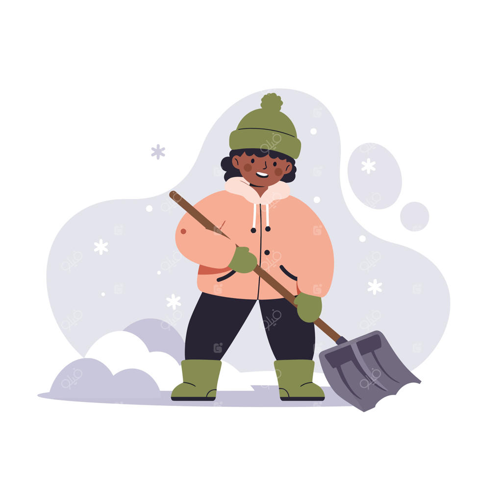 کودک با لباس زمستانی و کلاه سبز در حال پارو کردن برف در هوای برفی