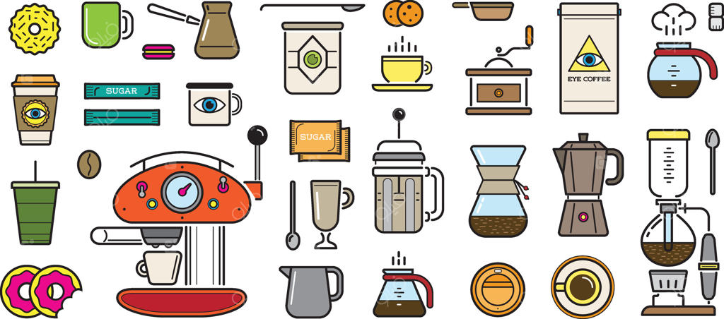 این تصویر انواع قهوه و محصولات مرتبط با آن را نشان می‌دهد