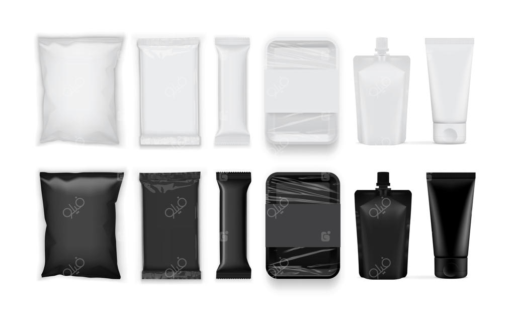 مجموعه بسته‌بندی‌های کاغذی و پلاستیکی سفید و سیاه روی زمینه سفید