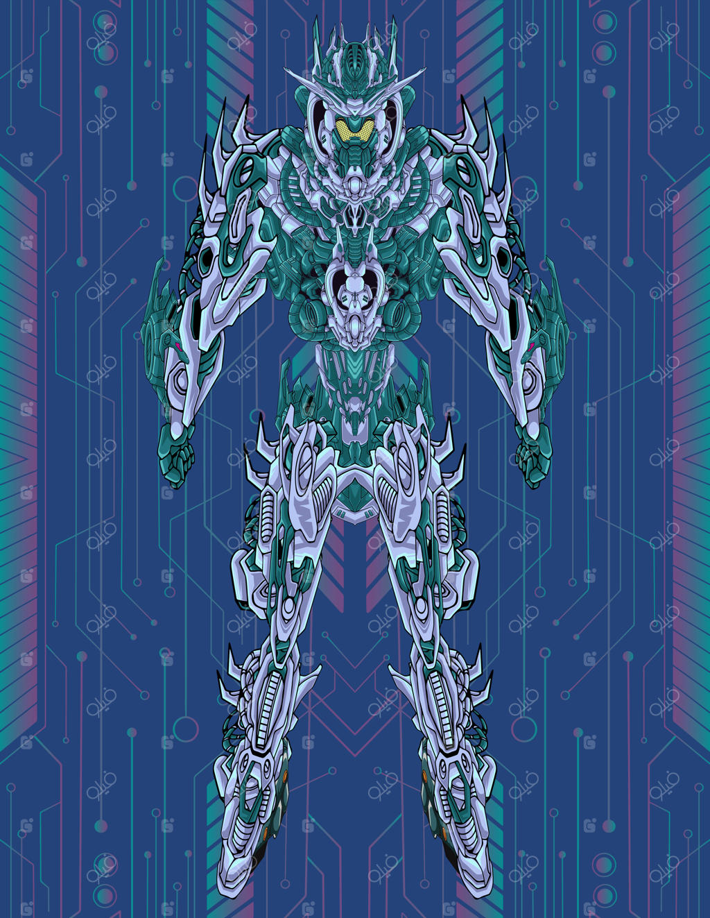 ربات مکانیکی شوالیه آینده‌نگر با تصویر سر، دست، بدن و پاها