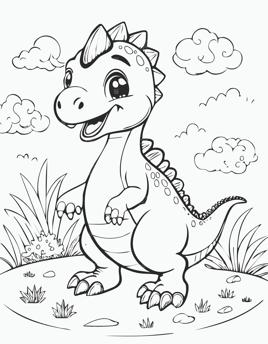 صفحه رنگ‌آمیزی کتاب کودک: دایناسورهای بامزه و خزنده‌ها در سیاه و سفید - نمونه‌های تک‌رنگ