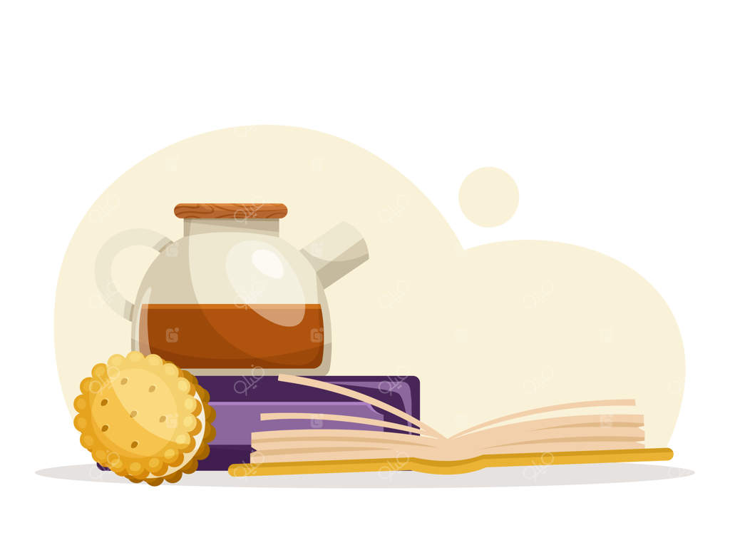 قوری، کتاب و دو کوکی روی زمینه‌ای روشن: مفهوم آرامش و مطالعه، تصویرسازی وکتور