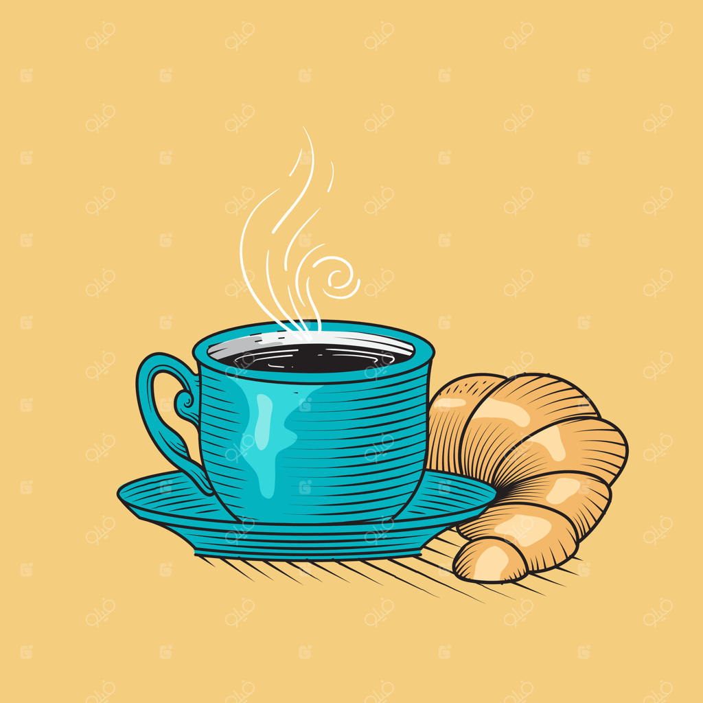 فنجان قهوه و کروسان - طرح دستی کلاسیک وینتیج